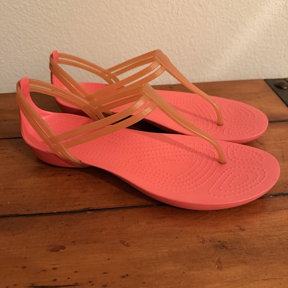 Crocs Isabella Jelly T-Strap Womens Size 8 Pink Coral Orange Slip On Sandal NEW